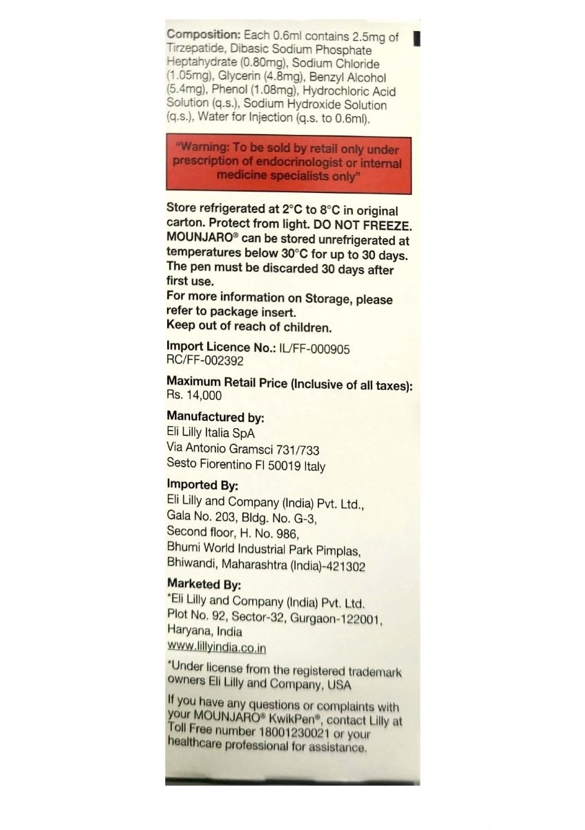 Mounjaro Kwikpen 2.5 mg PFP Injection 0.6 ml, Pack of 1 Mounjaro Kwikpen 2.5 mg PFP Injection 0.6 ml, Pack of 1