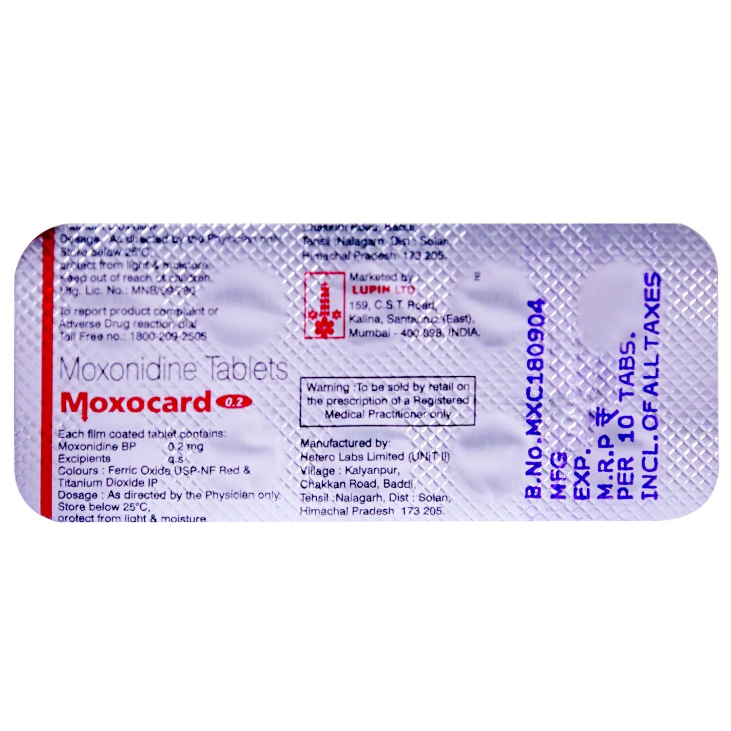 MOXOCARD 0.2MG TABLET, Pack of 10 TABLETS MOXOCARD 0.2MG TABLET, Pack of 10 TABLETS