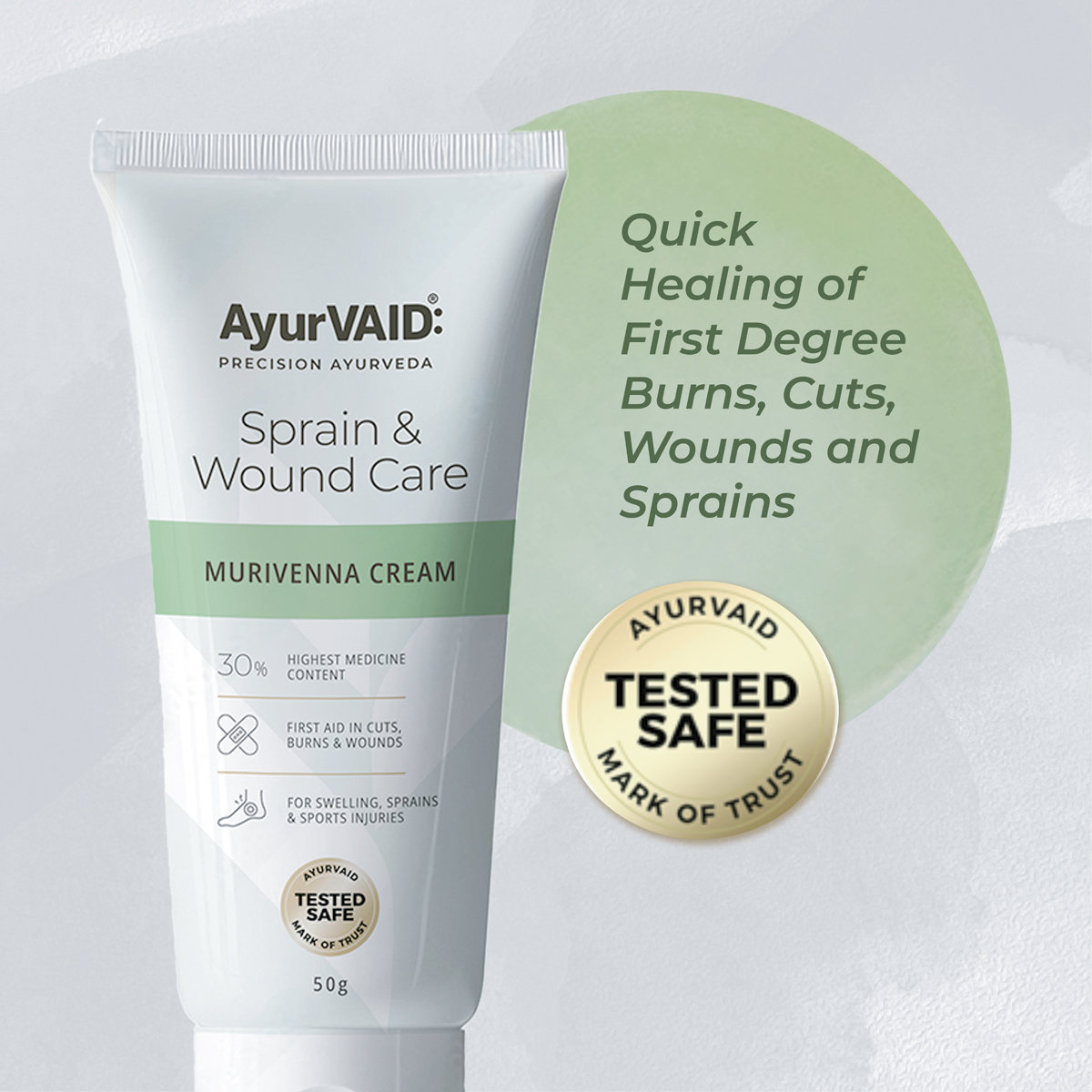 AyurVAID Murivenna Cream, 50 gm - Ayurveda First-Aid Cream for Cuts, Burns & Sprains, Pack of 1 AyurVAID Murivenna Cream, 50 gm - Ayurveda First-Aid Cream for Cuts, Burns & Sprains, Pack of 1