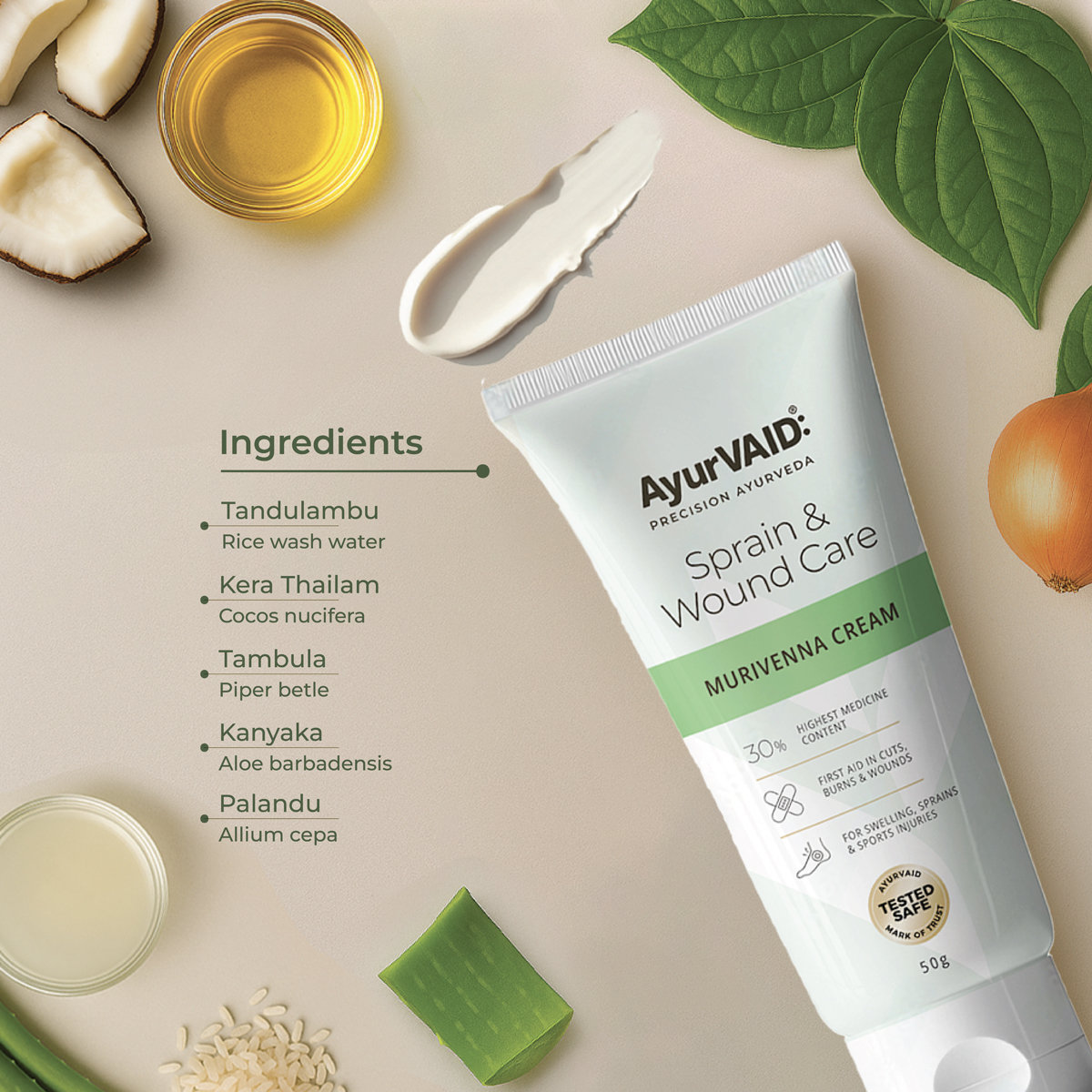 AyurVAID Murivenna Cream, 50 gm - Ayurveda First-Aid Cream for Cuts, Burns & Sprains, Pack of 1 AyurVAID Murivenna Cream, 50 gm - Ayurveda First-Aid Cream for Cuts, Burns & Sprains, Pack of 1