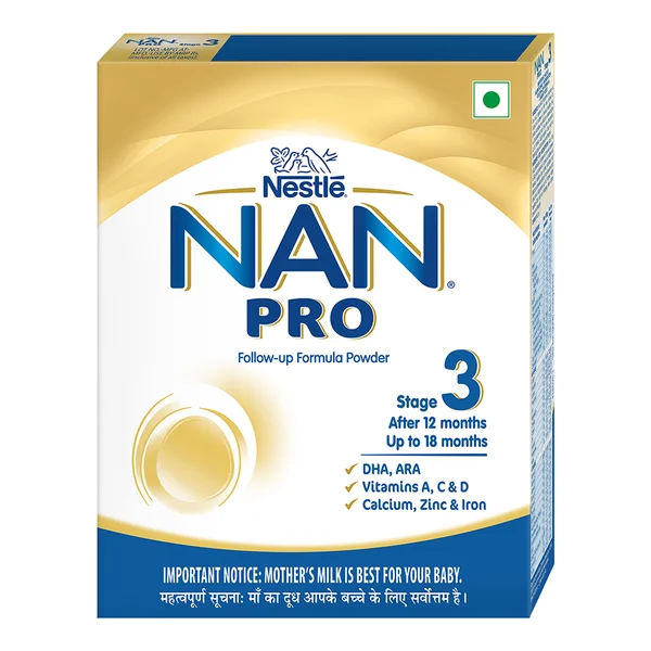 Nestlé NAN PRO 3 Follow-Up Formula-Powder After 12 months, Up to 18 months, Stage 3, 400 gm Pouch in Box, Pack of 1