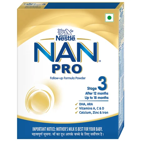 Nestlé NAN PRO 3 Follow-Up Formula-Powder After 12 months, Up to 18 months, Stage 3, 400 gm Pouch in Box