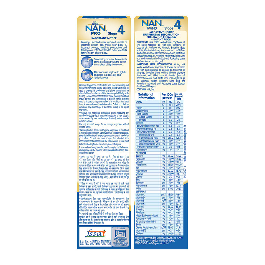 NAN PRO Stage 4 Follow-Up Formula Milk Powder For Babies (After 18 Months Upto 24 Months), With Dha-Ara, 400 gm Bag-In-Box Pack, Infant, Pack of 1 NAN PRO Stage 4 Follow-Up Formula Milk Powder For Babies (After 18 Months Upto 24 Months), With Dha-Ara, 400 gm Bag-In-Box Pack, Infant, Pack of 1