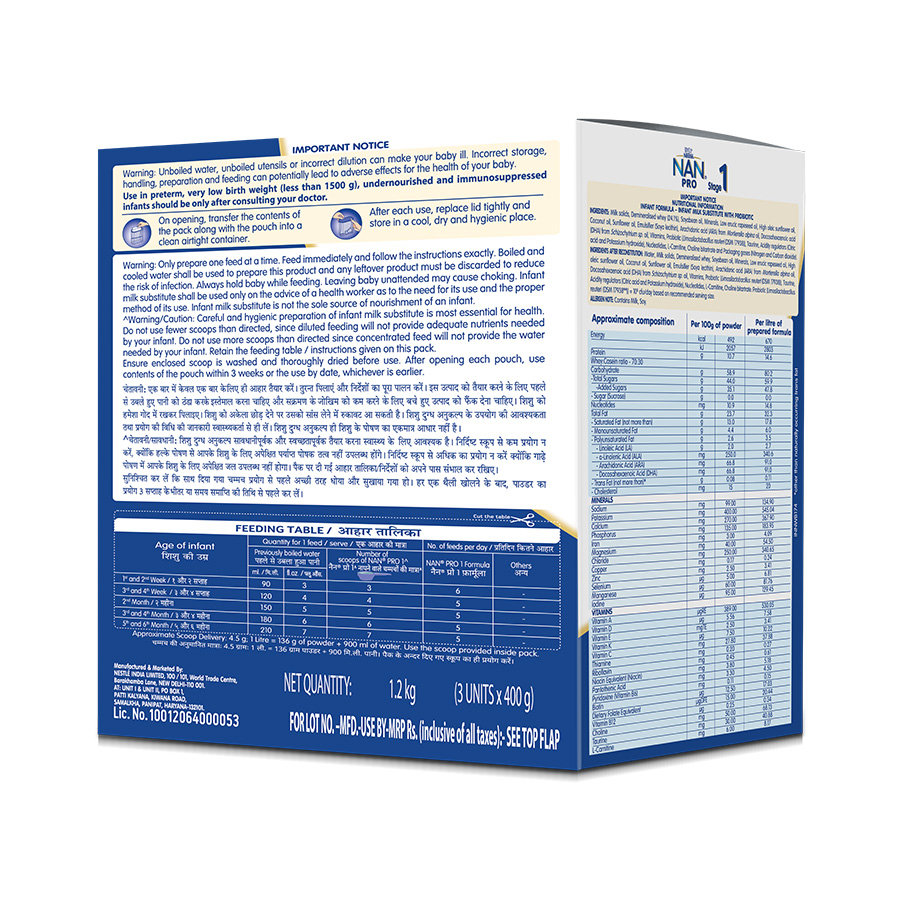 Nestle Nan Pro Stage 1 Infant Formula Milk Powder for Babies (Up to 6 Months) - with Probiotic, 1.2kg Bag-in-Box Pack, Pack of 1 Nestle Nan Pro Stage 1 Infant Formula Milk Powder for Babies (Up to 6 Months) - with Probiotic, 1.2kg Bag-in-Box Pack, Pack of 1