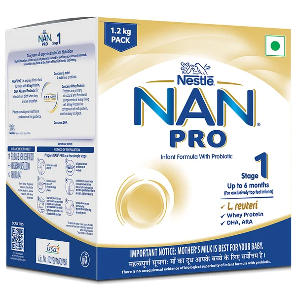 Nestlé NAN PRO Stage 1, 1.2kg pack, Infant Formula Milk Powder for Babies (Up to 6 Months) - with Probiotic, 3x400 gm Pouch in Box
