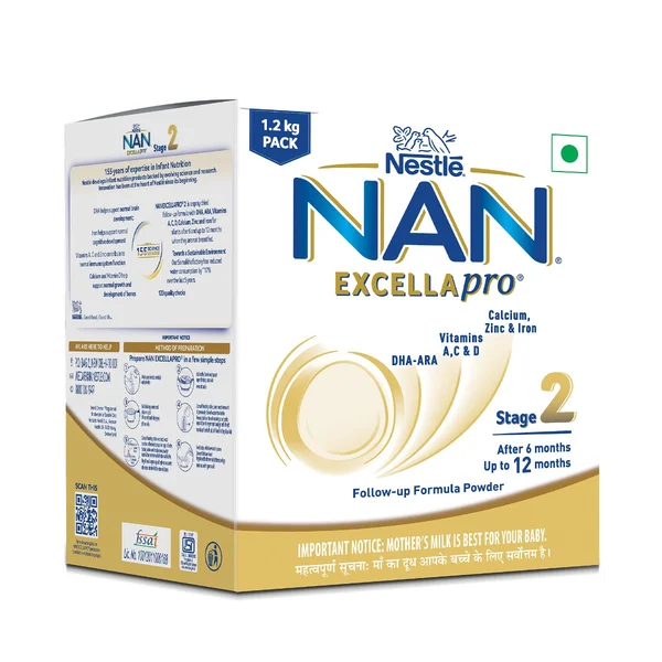Nestlé NAN EXCELLAPRO Stage 2, 1.2kg Pack, Follow-up Formula Milk Powder with DHA-ARA for Babies 6-12 Months Infants, 3x400 gm Pouch in Box, Pack of 1