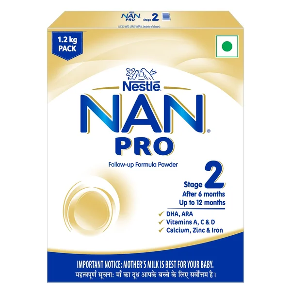 Nestlé NAN PRO Stage 2, 1.2kg, Follow-Up Formula Milk Powder For Babies (After 6 Months Upto 12 Months), With DHA-ARA,  3x400 gm Pouch in Box, Pack of 1
