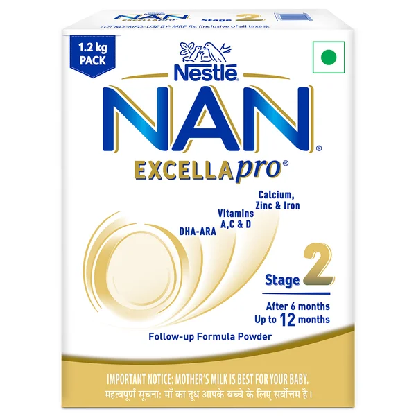 Nestlé NAN EXCELLAPRO Stage 2, 1.2kg Pack, Follow-up Formula Milk Powder with DHA-ARA for Babies 6-12 Months Infants, 3x400 gm Pouch in Box