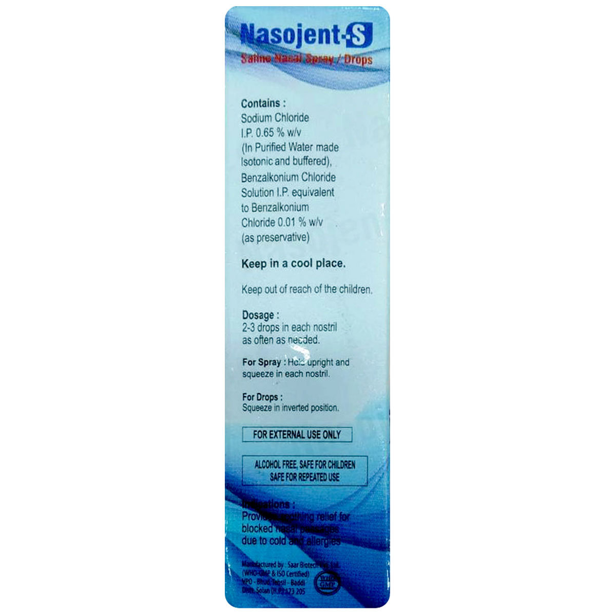 Nasojent-S Saline Nasal Spray/ Drops 20 ml, Pack of 1 Nasojent-S Saline Nasal Spray/ Drops 20 ml, Pack of 1
