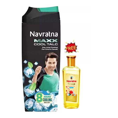 Navratna Maxx Cool Talc 100 gm + Navratna Gold Ayurvedic Oil Free 50 ml, Pack of 1 Navratna Maxx Cool Talc 100 gm + Navratna Gold Ayurvedic Oil Free 50 ml, Pack of 1