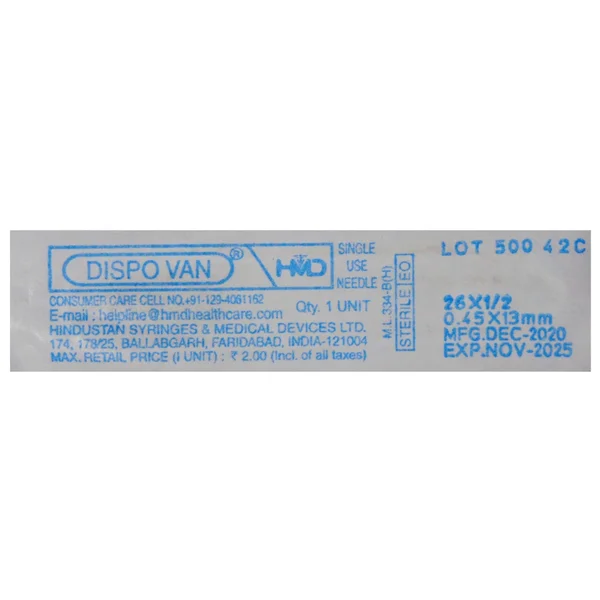 Needles Dispovan 26G x 1/2 (Pack of 100 Needle)