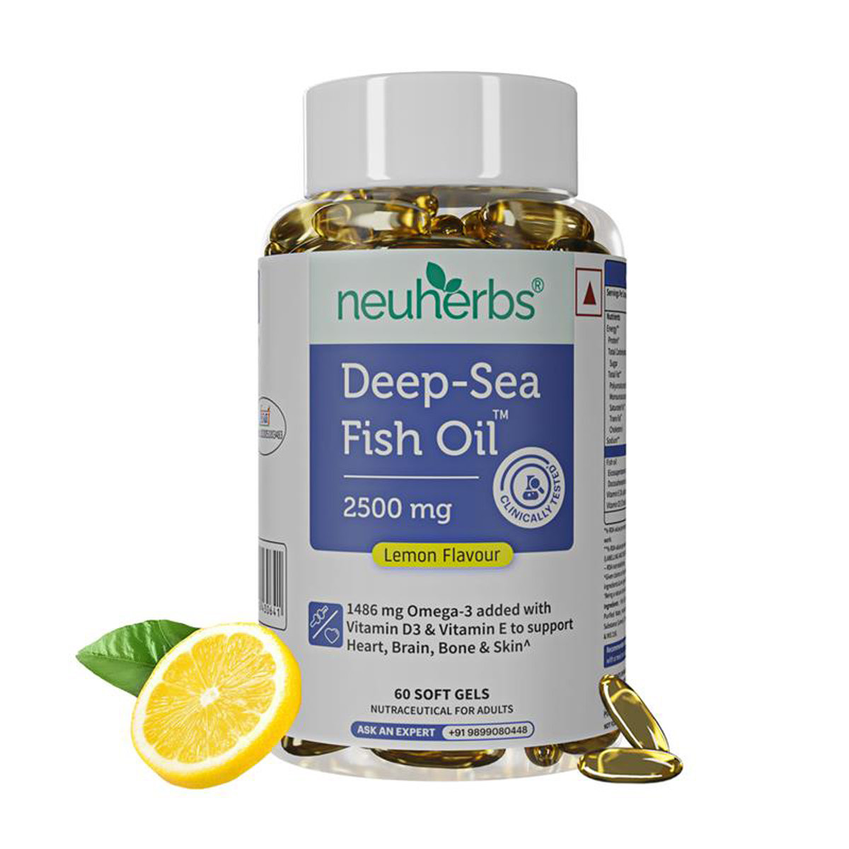 Neuherbs Deep Sea Omega 3 Fish Oil 2500mg (Triple Strength) With Vitamin D3 & E, 60 Softgels | EPA - 892mg, DHA - 594mg, Pack of 1 Neuherbs Deep Sea Omega 3 Fish Oil 2500mg (Triple Strength) With Vitamin D3 & E, 60 Softgels | EPA - 892mg, DHA - 594mg, Pack of 1