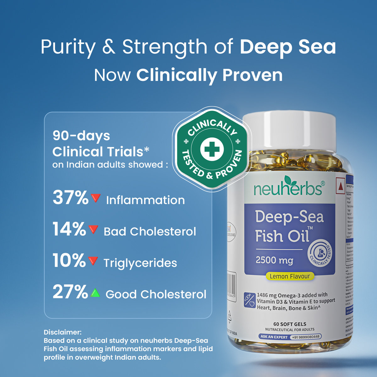 Neuherbs Deep Sea Omega 3 Fish Oil 2500mg (Triple Strength) With Vitamin D3 & E, 60 Softgels | EPA - 892mg, DHA - 594mg, Pack of 1 Neuherbs Deep Sea Omega 3 Fish Oil 2500mg (Triple Strength) With Vitamin D3 & E, 60 Softgels | EPA - 892mg, DHA - 594mg, Pack of 1