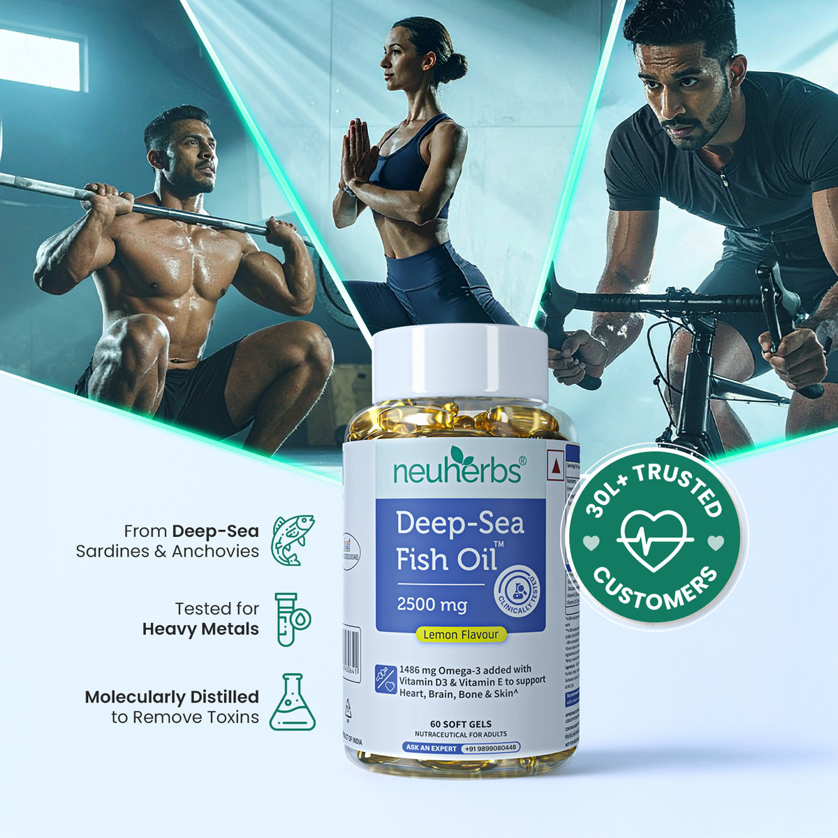 Neuherbs Deep Sea Omega 3 Fish Oil 2500mg (Triple Strength) With Vitamin D3 & E, 60 Softgels | EPA - 892mg, DHA - 594mg, Pack of 1 Neuherbs Deep Sea Omega 3 Fish Oil 2500mg (Triple Strength) With Vitamin D3 & E, 60 Softgels | EPA - 892mg, DHA - 594mg, Pack of 1