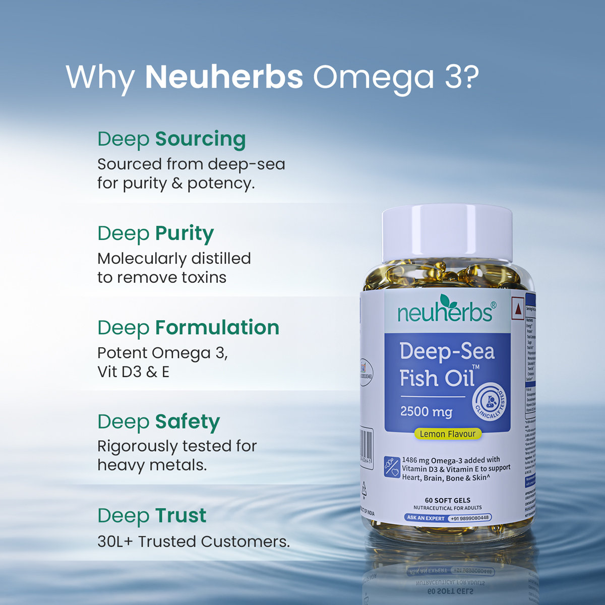 Neuherbs Deep Sea Omega 3 Fish Oil 2500mg (Triple Strength) With Vitamin D3 & E, 60 Softgels | EPA - 892mg, DHA - 594mg, Pack of 1 Neuherbs Deep Sea Omega 3 Fish Oil 2500mg (Triple Strength) With Vitamin D3 & E, 60 Softgels | EPA - 892mg, DHA - 594mg, Pack of 1