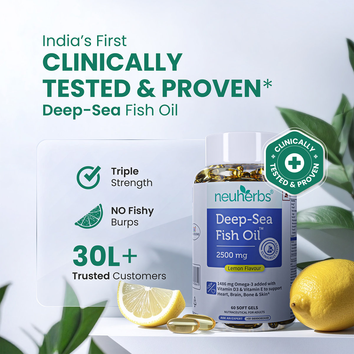 Neuherbs Deep Sea Omega 3 Fish Oil 2500mg (Triple Strength) With Vitamin D3 & E, 60 Softgels | EPA - 892mg, DHA - 594mg, Pack of 1 Neuherbs Deep Sea Omega 3 Fish Oil 2500mg (Triple Strength) With Vitamin D3 & E, 60 Softgels | EPA - 892mg, DHA - 594mg, Pack of 1