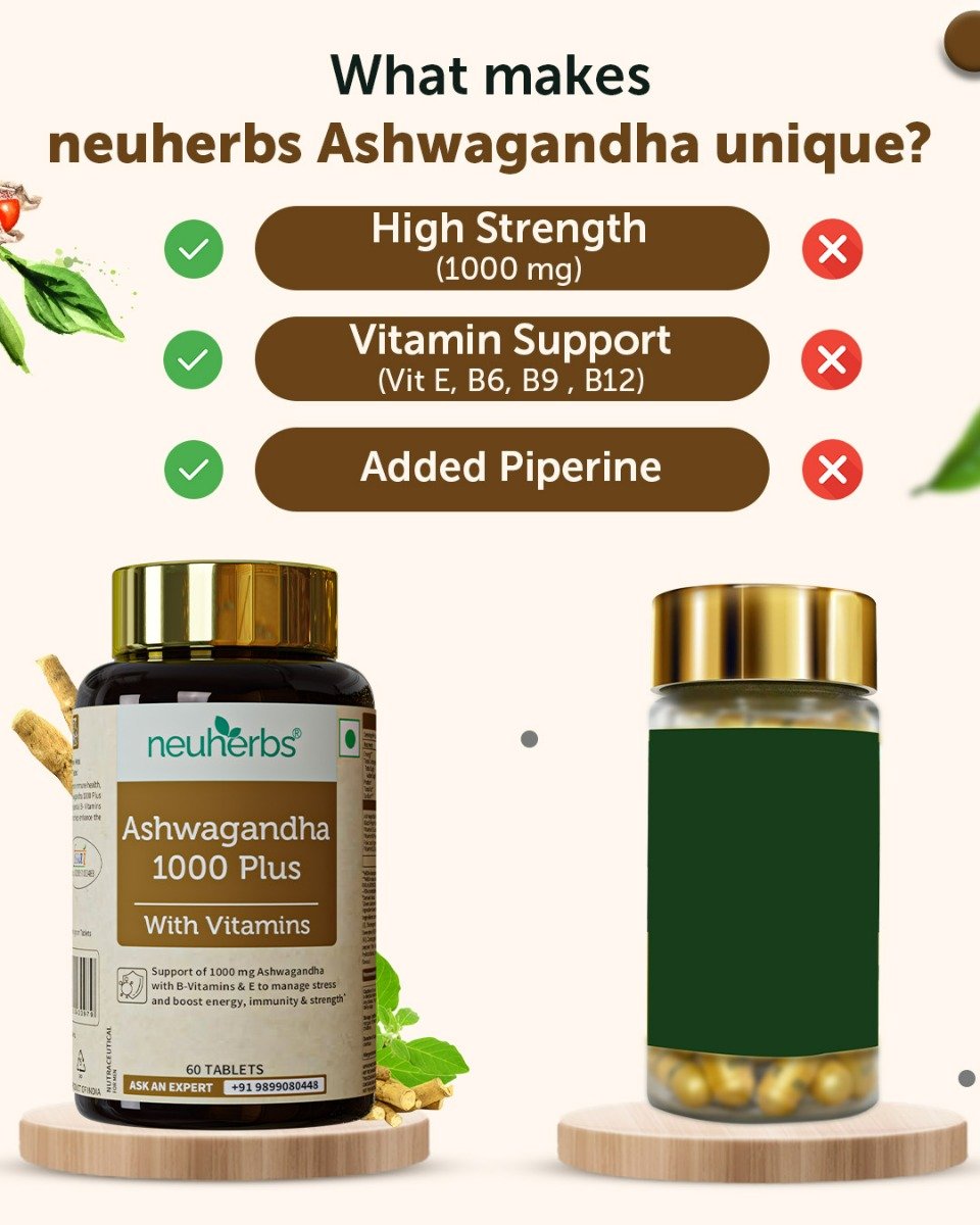 Neuherbs Ashwagandha 1000mg With B Vitamins, 60 Tablets | Boost Energy, Immunity & Strength, Pack of 1 Neuherbs Ashwagandha 1000mg With B Vitamins, 60 Tablets | Boost Energy, Immunity & Strength, Pack of 1