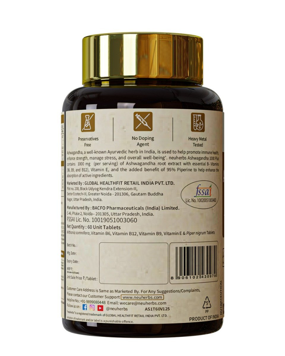 Neuherbs Ashwagandha 1000mg With B Vitamins, 60 Tablets | Boost Energy, Immunity & Strength, Pack of 1 Neuherbs Ashwagandha 1000mg With B Vitamins, 60 Tablets | Boost Energy, Immunity & Strength, Pack of 1