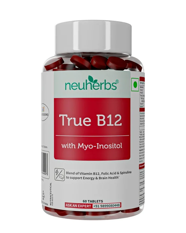 Neuherbs True B12 Supplement With Myo-Inositol, Vitamin B12, Folic Acid &amp; Spirulina, 60 Tablets, Pack of 1
