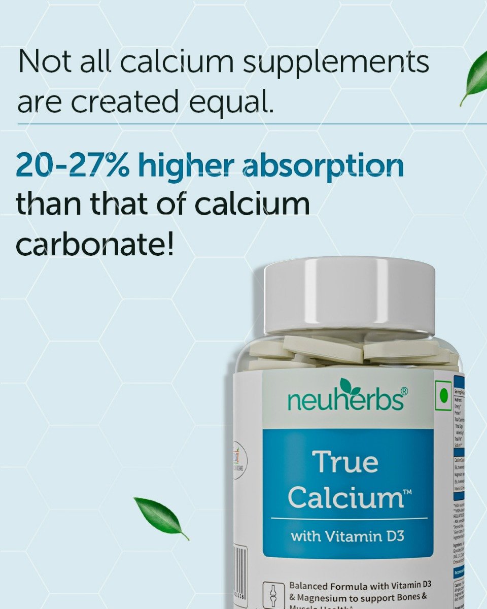 Neuherbs True Calcium Supplement 1000mg With Vitamin D3 & Magnesium, 60 Tablets | Support Bone, Joint & Muscle Health, Pack of 1 Neuherbs True Calcium Supplement 1000mg With Vitamin D3 & Magnesium, 60 Tablets | Support Bone, Joint & Muscle Health, Pack of 1