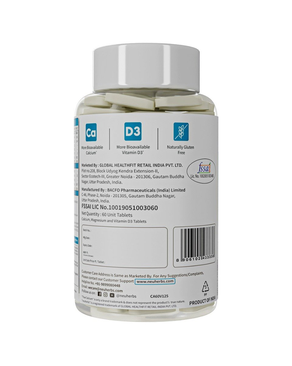 Neuherbs True Calcium Supplement 1000mg With Vitamin D3 & Magnesium, 60 Tablets | Support Bone, Joint & Muscle Health, Pack of 1 Neuherbs True Calcium Supplement 1000mg With Vitamin D3 & Magnesium, 60 Tablets | Support Bone, Joint & Muscle Health, Pack of 1