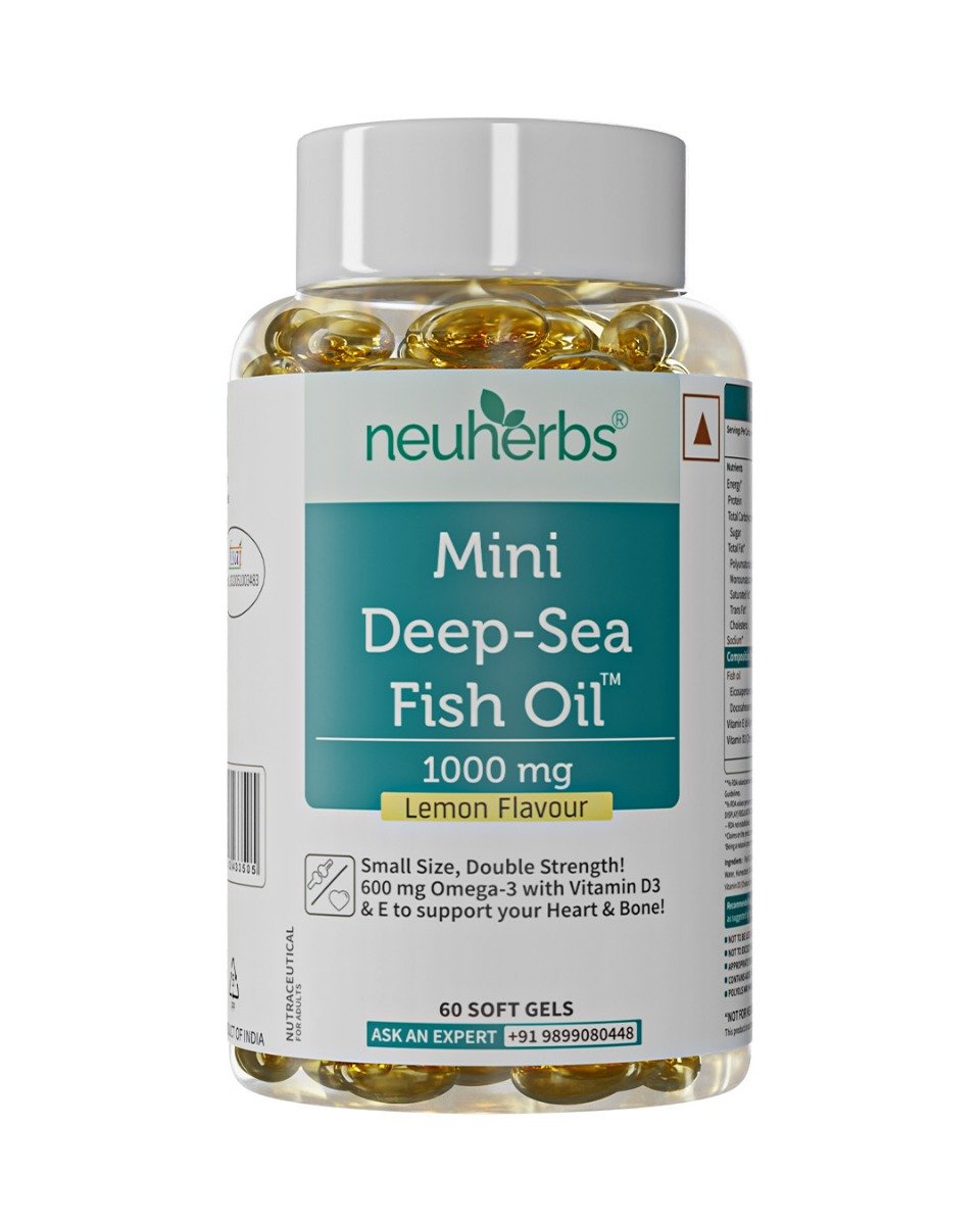 Neuherbs Mini Deep Sea Omega 3 Fish Oil 1000mg With Vitamin D3 & E, 60 Softgels | EPA - 360mg, DHA - 240mg, Pack of 1 Neuherbs Mini Deep Sea Omega 3 Fish Oil 1000mg With Vitamin D3 & E, 60 Softgels | EPA - 360mg, DHA - 240mg, Pack of 1