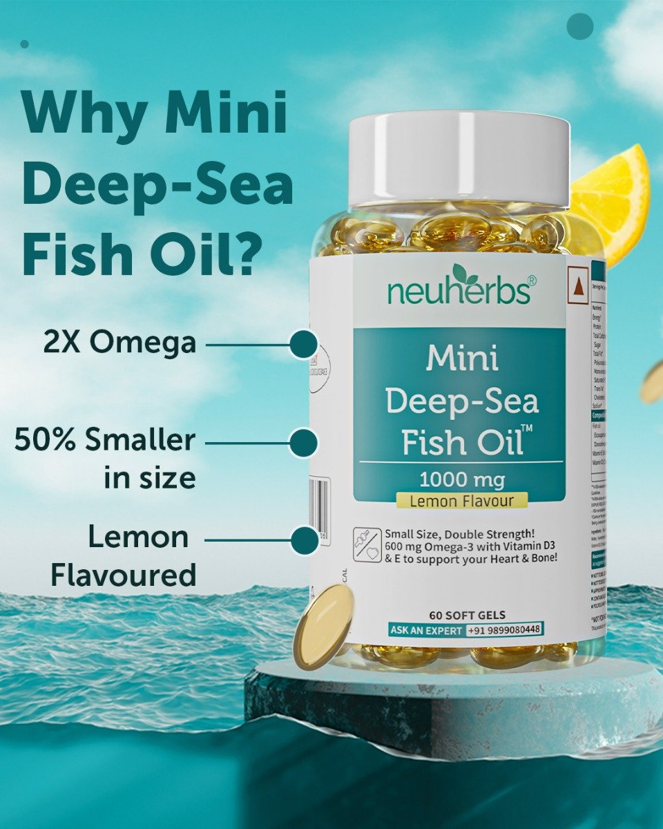 Neuherbs Mini Deep Sea Omega 3 Fish Oil 1000mg With Vitamin D3 & E, 60 Softgels | EPA - 360mg, DHA - 240mg, Pack of 1 Neuherbs Mini Deep Sea Omega 3 Fish Oil 1000mg With Vitamin D3 & E, 60 Softgels | EPA - 360mg, DHA - 240mg, Pack of 1