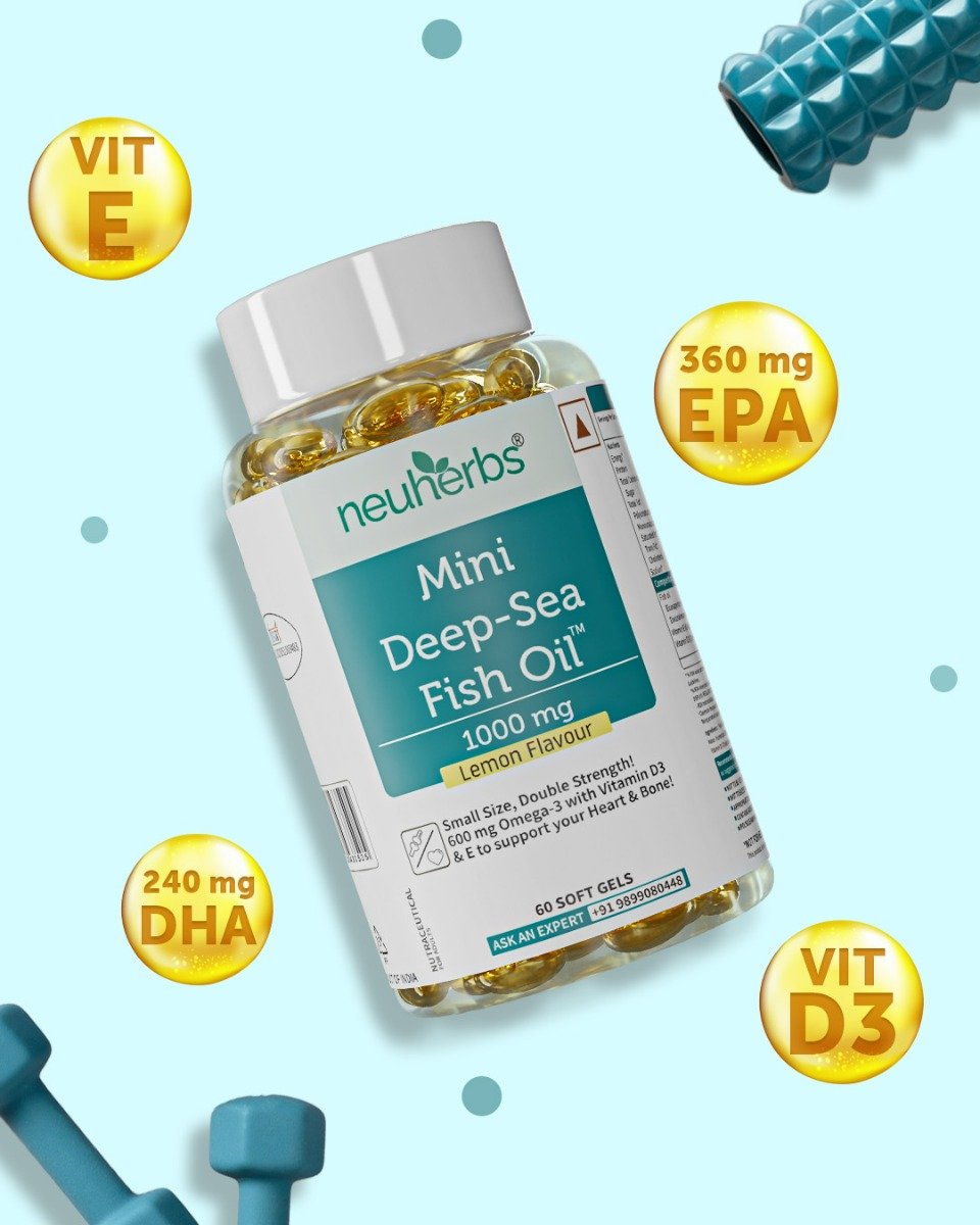Neuherbs Mini Deep Sea Omega 3 Fish Oil 1000mg With Vitamin D3 & E, 60 Softgels | EPA - 360mg, DHA - 240mg, Pack of 1 Neuherbs Mini Deep Sea Omega 3 Fish Oil 1000mg With Vitamin D3 & E, 60 Softgels | EPA - 360mg, DHA - 240mg, Pack of 1