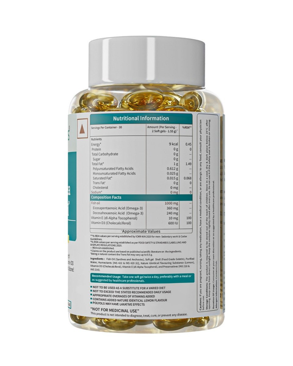 Neuherbs Mini Deep Sea Omega 3 Fish Oil 1000mg With Vitamin D3 & E, 60 Softgels | EPA - 360mg, DHA - 240mg, Pack of 1 Neuherbs Mini Deep Sea Omega 3 Fish Oil 1000mg With Vitamin D3 & E, 60 Softgels | EPA - 360mg, DHA - 240mg, Pack of 1