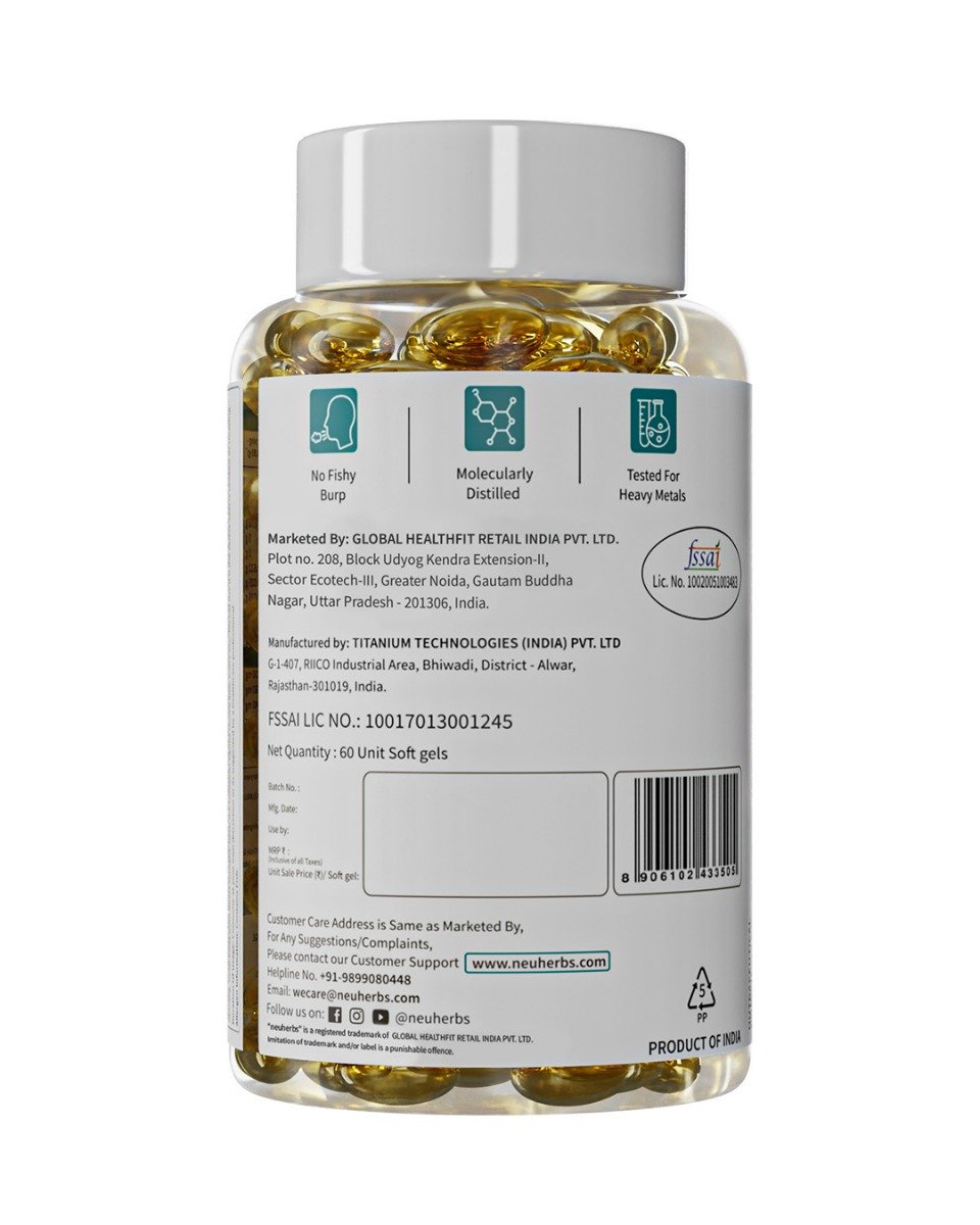 Neuherbs Mini Deep Sea Omega 3 Fish Oil 1000mg With Vitamin D3 & E, 60 Softgels | EPA - 360mg, DHA - 240mg, Pack of 1 Neuherbs Mini Deep Sea Omega 3 Fish Oil 1000mg With Vitamin D3 & E, 60 Softgels | EPA - 360mg, DHA - 240mg, Pack of 1