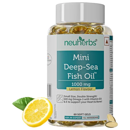 Neuherbs Mini Deep Sea Omega 3 Fish Oil 1000mg With Vitamin D3 & E, 60 Softgels | EPA - 360mg, DHA - 240mg