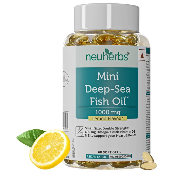 Neuherbs Mini Deep Sea Omega 3 Fish Oil 1000mg With Vitamin D3 &amp; E, 60 Softgels | EPA - 360mg, DHA - 240mg, Pack of 1