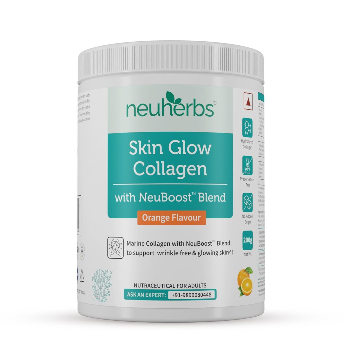 Neuherbs Skin Glow Collagen Orange Flavour Powder For Women & Men, 200 