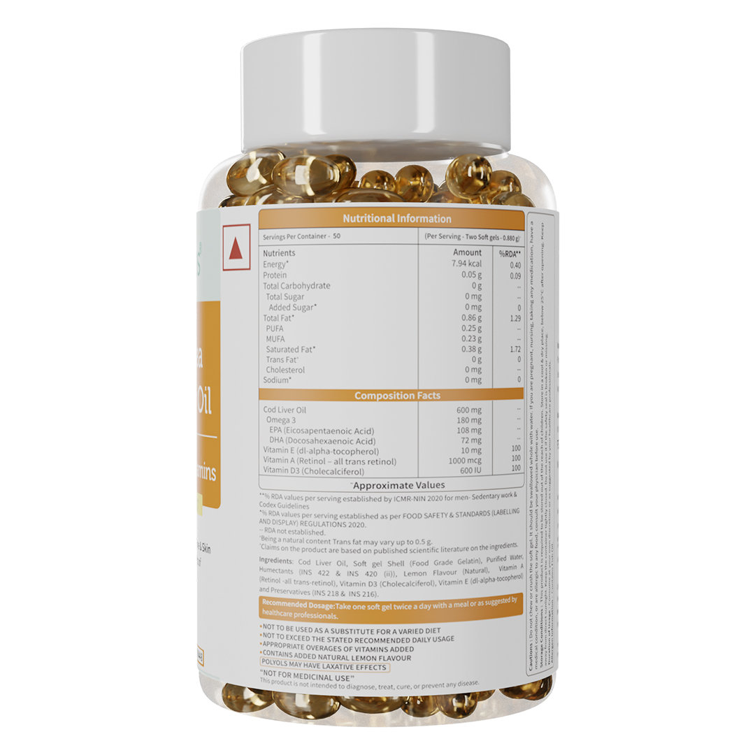 Neuherbs Deep Sea Omega 3 Cod Liver Oil 600mg With Vitamin A, D3 & E, 100 Softgels, Pack of 1 Neuherbs Deep Sea Omega 3 Cod Liver Oil 600mg With Vitamin A, D3 & E, 100 Softgels, Pack of 1