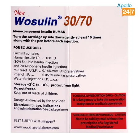 New Wosulin 30/70 100IU/ml Cartridge 3 x 3 ml