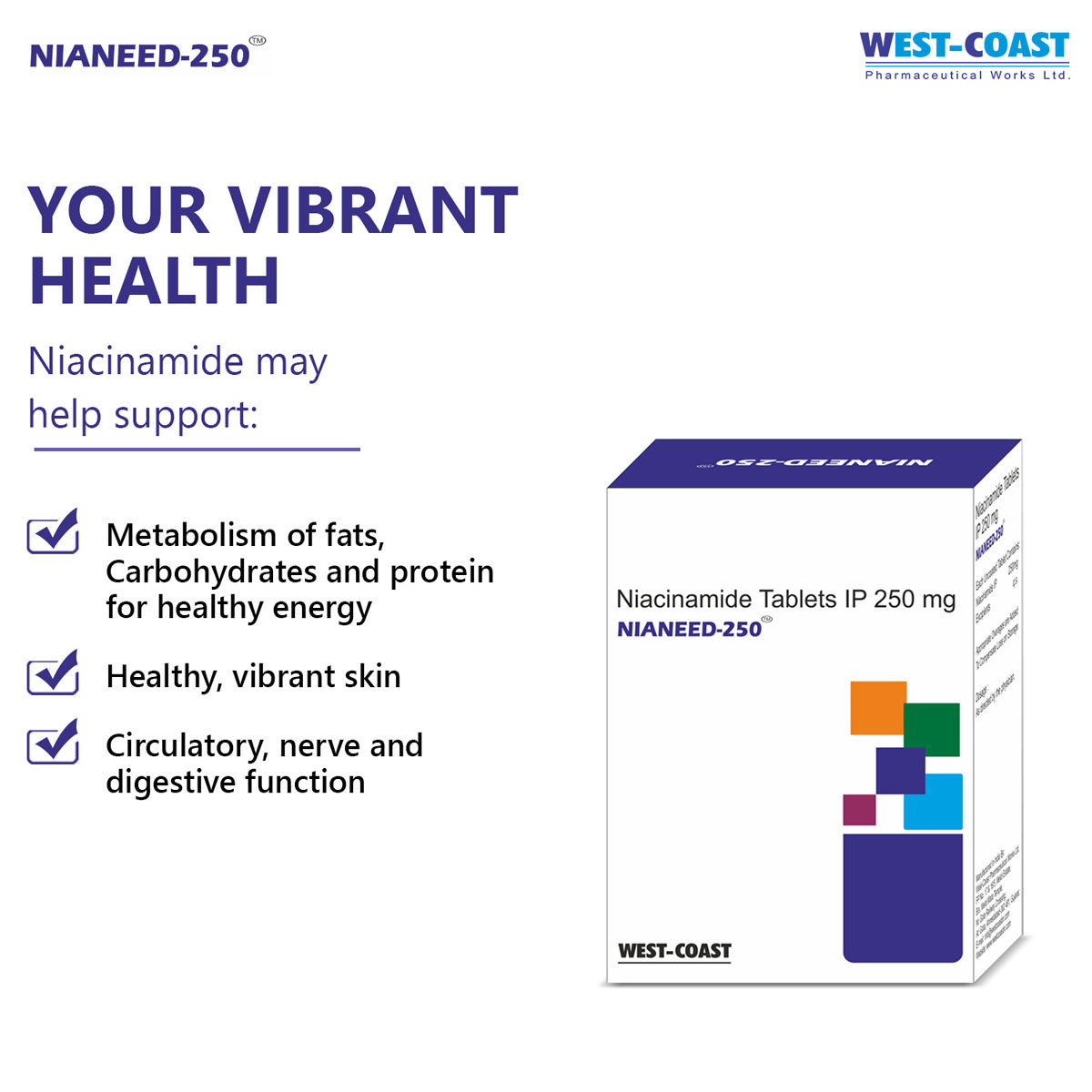 Westcoast Nianeed 250mg Niacinamide, 15 Tablets, Pack of 15 TABLETS Westcoast Nianeed 250mg Niacinamide, 15 Tablets, Pack of 15 TABLETS