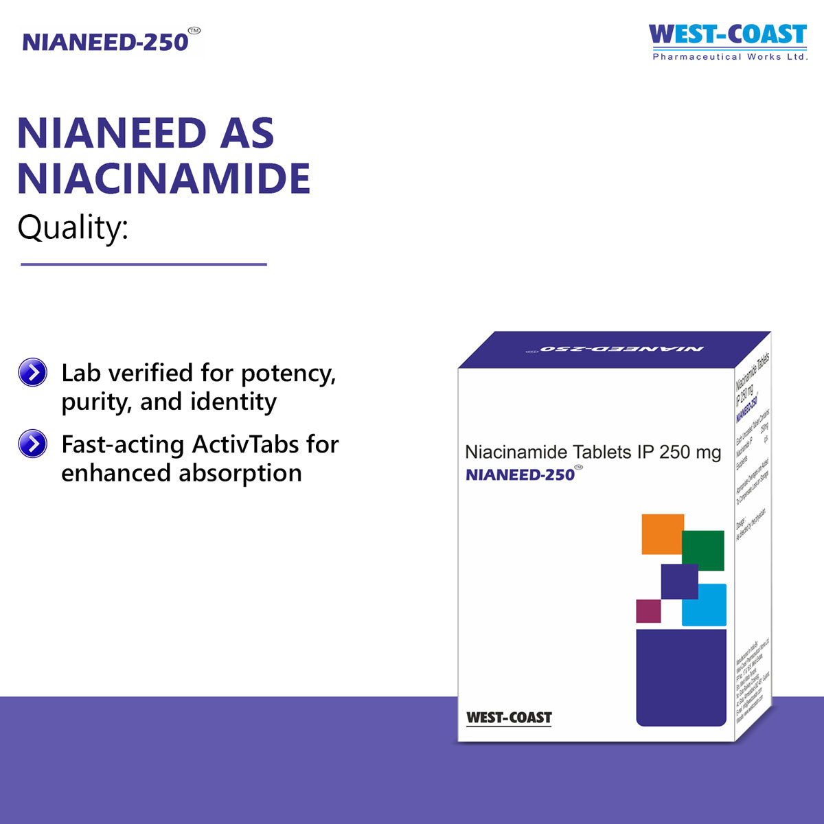Westcoast Nianeed 250mg Niacinamide, 15 Tablets, Pack of 15 TABLETS Westcoast Nianeed 250mg Niacinamide, 15 Tablets, Pack of 15 TABLETS