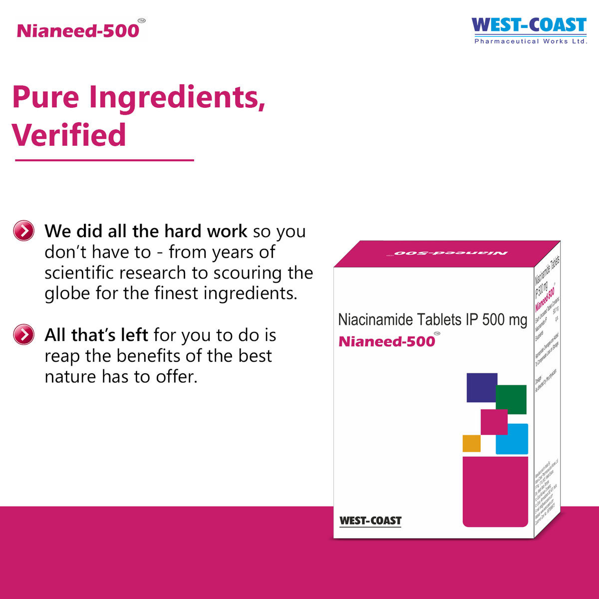 Westcoast Nianeed 500mg Niacinamide, 15 Tablets, Pack of 15 TABLETS Westcoast Nianeed 500mg Niacinamide, 15 Tablets, Pack of 15 TABLETS