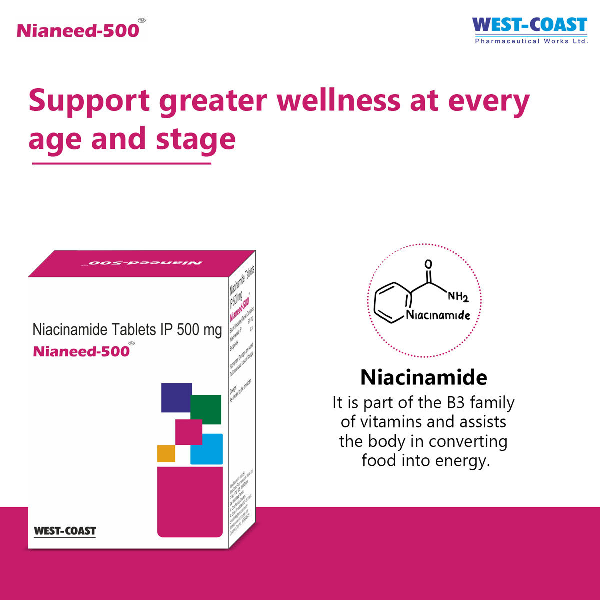 Westcoast Nianeed 500mg Niacinamide, 15 Tablets, Pack of 15 TABLETS Westcoast Nianeed 500mg Niacinamide, 15 Tablets, Pack of 15 TABLETS