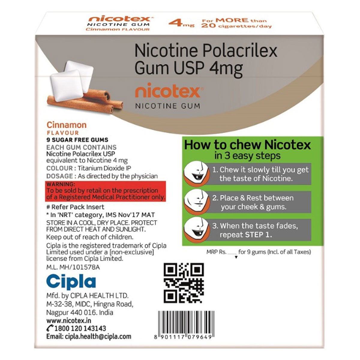 Nicotex 4mg Sugar Free Cinnamon Flavour Gums 9's, Pack of 1 Chewing Gum Nicotex 4mg Sugar Free Cinnamon Flavour Gums 9's, Pack of 1 Chewing Gum