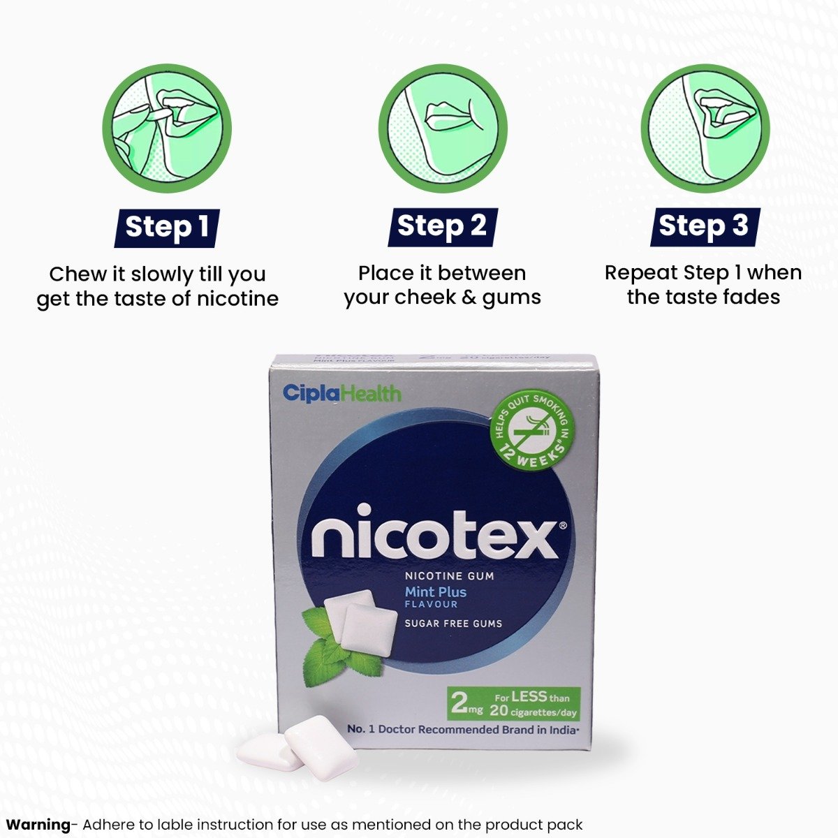 Nicotex 2mg Sugar Free Mint Plus Flavour Nicotine Gum, 12 Count, Pack of 1 Nicotex 2mg Sugar Free Mint Plus Flavour Nicotine Gum, 12 Count, Pack of 1