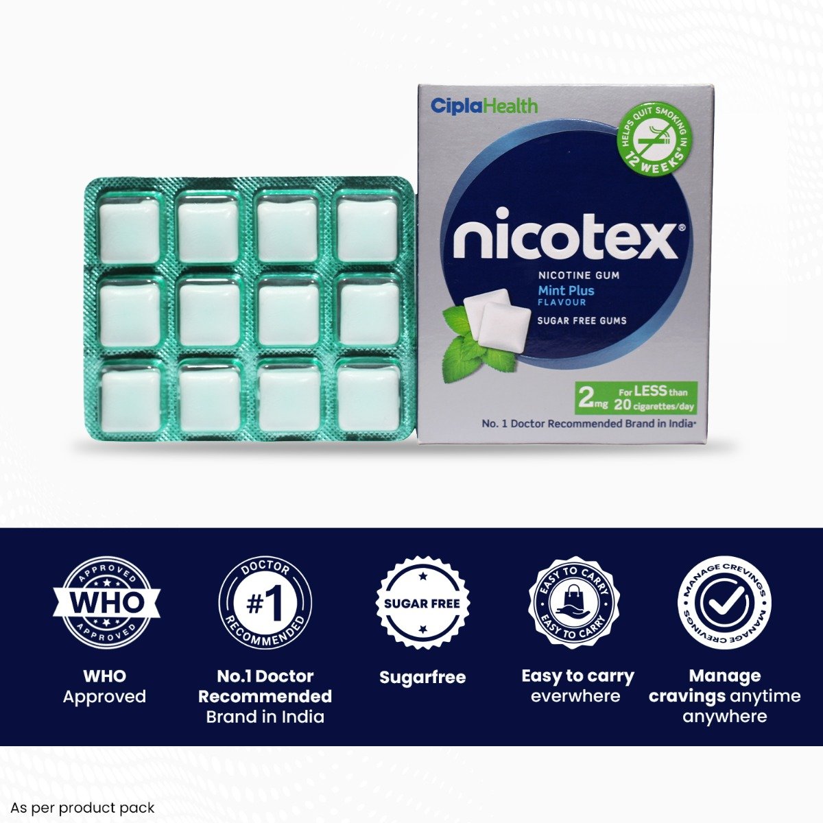 Nicotex 2mg Sugar Free Mint Plus Flavour Nicotine Gum, 12 Count, Pack of 1 Nicotex 2mg Sugar Free Mint Plus Flavour Nicotine Gum, 12 Count, Pack of 1