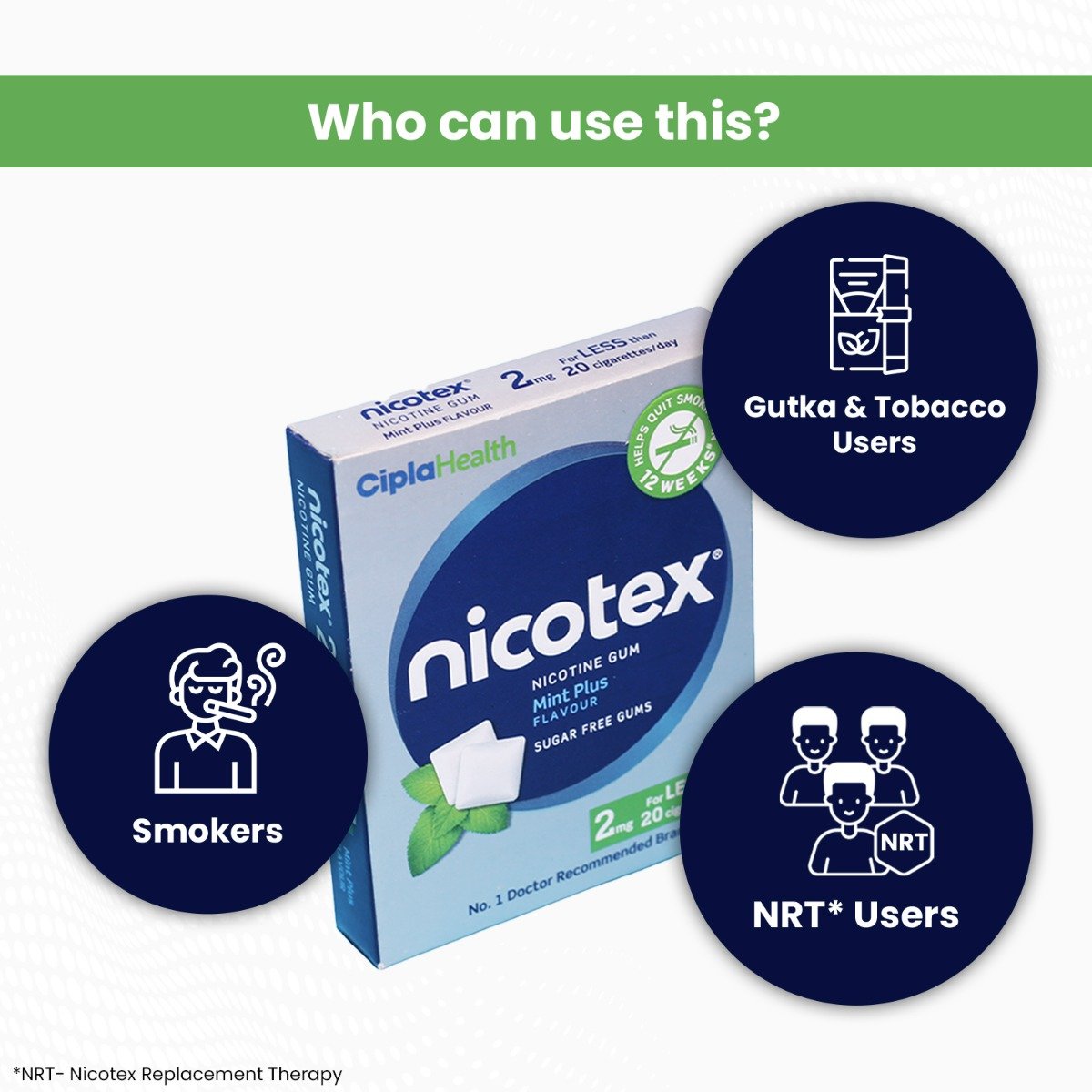 Nicotex 2mg Sugar Free Mint Plus Flavour Nicotine Gum, 12 Count, Pack of 1 Nicotex 2mg Sugar Free Mint Plus Flavour Nicotine Gum, 12 Count, Pack of 1