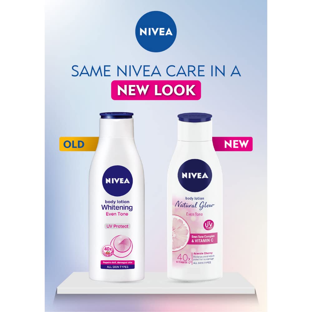 Nivea Natural Glow Even Tone Moisturising Body Lotion 400 ml | With Camu Camu & Acerola Cherry | 40 X Vitamin C | Moisturises Skin | With Uv Filters For UV Protection | For All Skin Types, Pack of 1 Nivea Natural Glow Even Tone Moisturising Body Lotion 400 ml | With Camu Camu & Acerola Cherry | 40 X Vitamin C | Moisturises Skin | With Uv Filters For UV Protection | For All Skin Types, Pack of 1