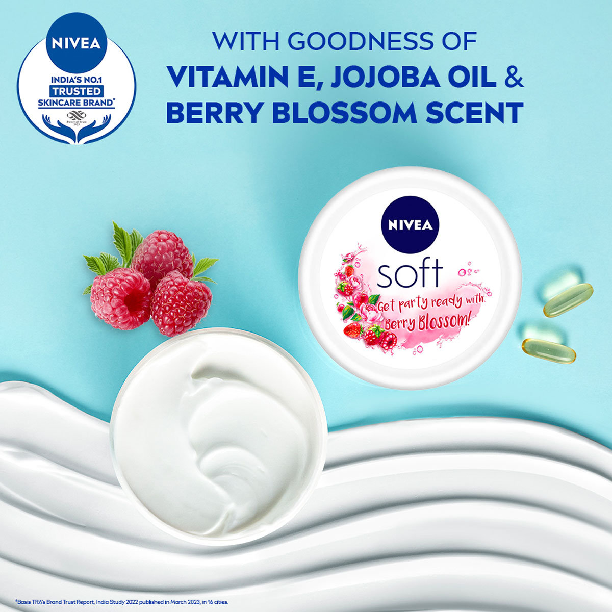 Nivea Soft Berry Blossom Cream 100 ml | Vitamin E, Jojoba Oil With Berry Blossom Scent | Instant Hydration | For Soft, Supple Skin | Face, Hands, Body All Purpose Cream | All Season Cream | Non Greasy | For All Skin Type, Pack of 1 Nivea Soft Berry Blossom Cream 100 ml | Vitamin E, Jojoba Oil With Berry Blossom Scent | Instant Hydration | For Soft, Supple Skin | Face, Hands, Body All Purpose Cream | All Season Cream | Non Greasy | For All Skin Type, Pack of 1