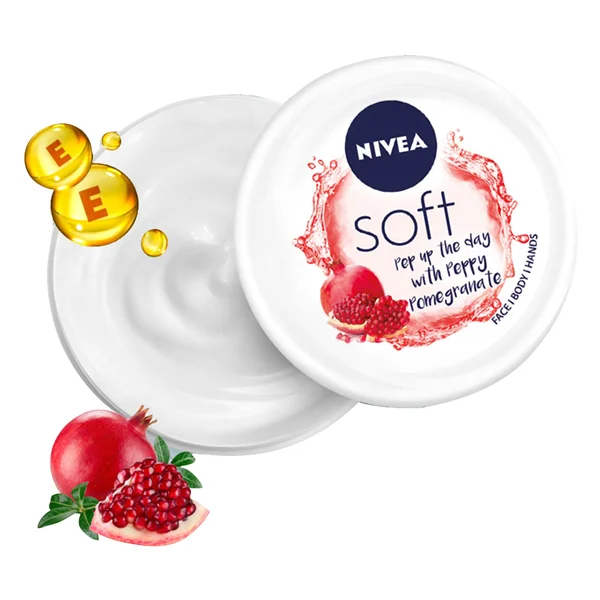 Nivea Soft Peppy Pomegranate Light Moisturiser Cream 100 ml | Vitamin E, Jojoba Oil With Peppy Pomegranate Scent | Instant Hydration | For Soft, Supple Skin | Face, Hand, Body All Purpose Cream | All Season Cream | Non Greasy | For All Skin Type, Pack of 1