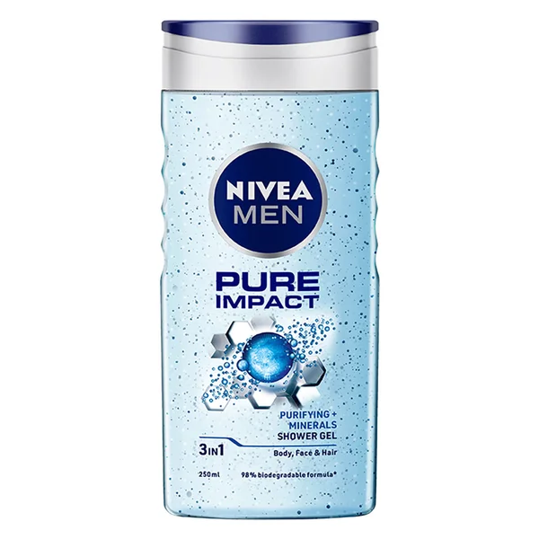 Nivea Men Pure Impact Shower Gel 250 ml | With Micro Particles | Cleanses, Refreshes &amp; Purifies Skin | Sower Gel For Face, Hair &amp; Body | For Men Only | For All Hair Type | For All Skin Type, Pack of 1