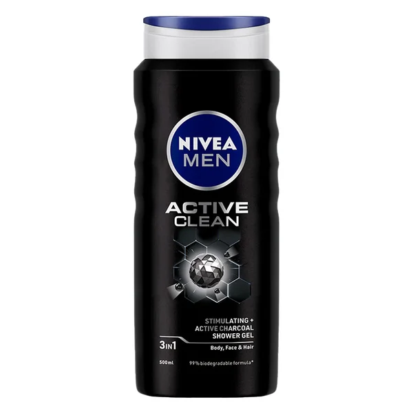 Nivea Men Active Clean Shower Gel 500 ml | Active Charcoal | Deep &amp; Gentle Cleansing | Shower gel For Face, Body &amp; Hair | For All hair Type | For All Skin Type, Pack of 1