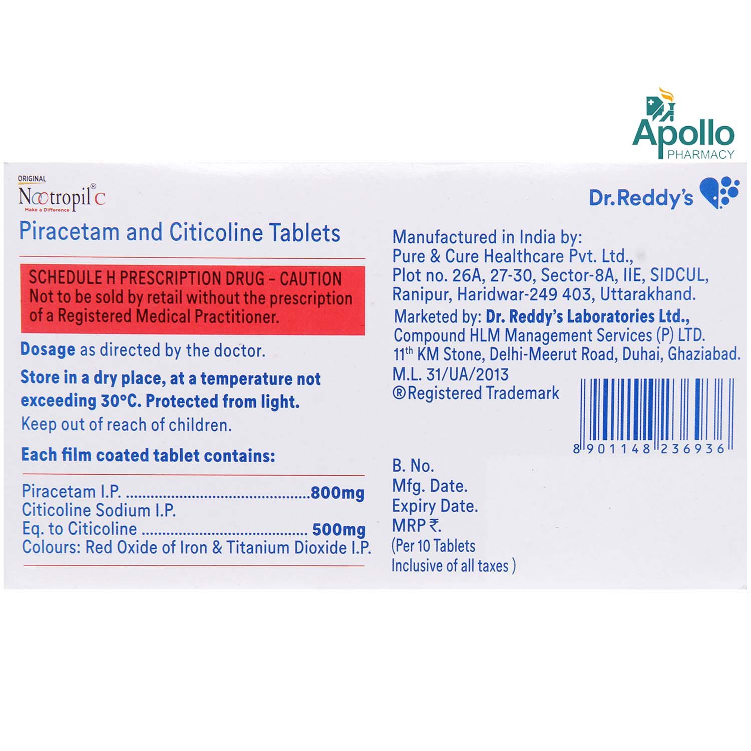 Nootropil C Tablet 10'S 10's, Pack of 10 TABLETS Nootropil C Tablet 10'S 10's, Pack of 10 TABLETS