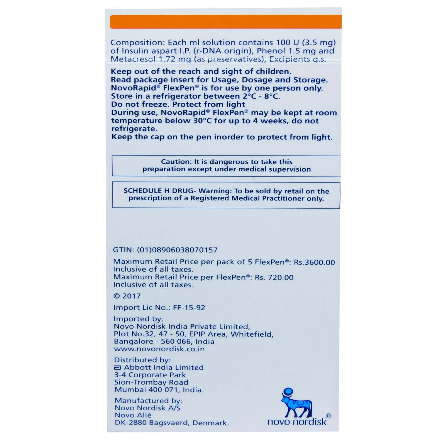 Novorapid 100IU/ml Flexpen 3 ml, Pack of 1 Injection Novorapid 100IU/ml Flexpen 3 ml, Pack of 1 Injection